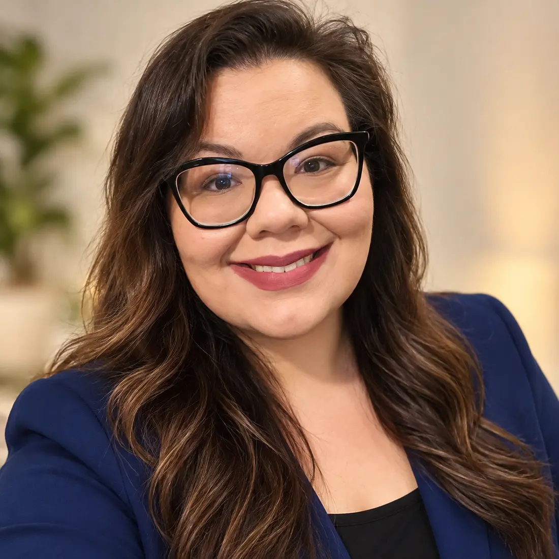 Professional portrait of Sharon Kozak wearing a navy blazer and glasses